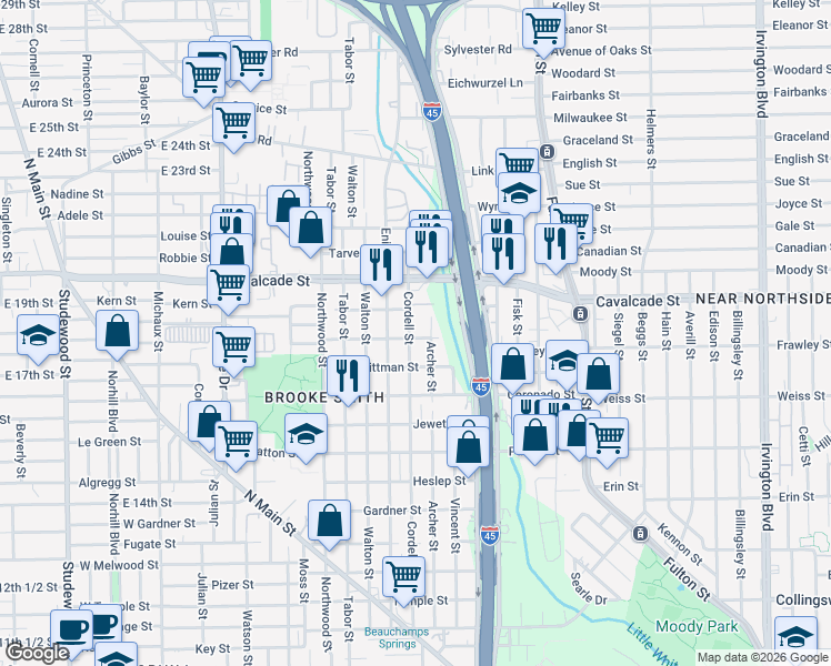 map of restaurants, bars, coffee shops, grocery stores, and more near 1202 Cordell Street in Houston