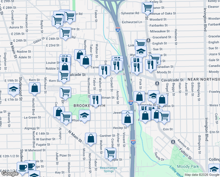 map of restaurants, bars, coffee shops, grocery stores, and more near 1202 Cordell Street in Houston