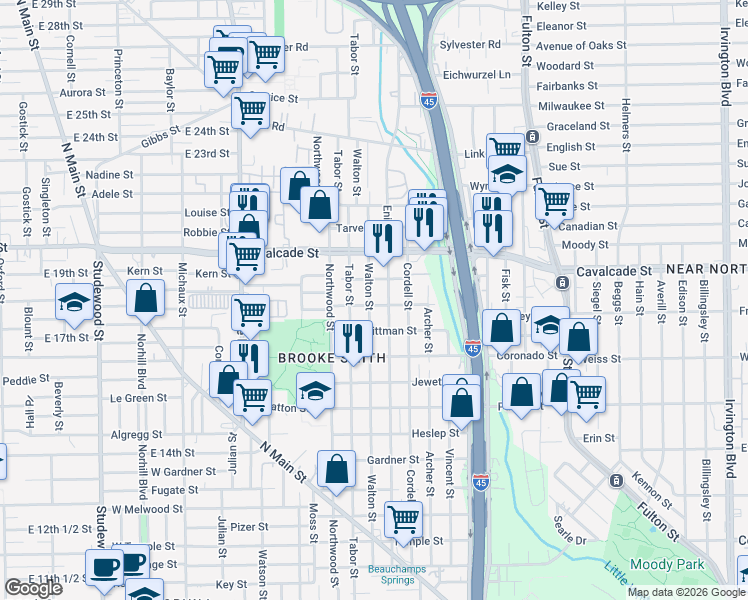 map of restaurants, bars, coffee shops, grocery stores, and more near 906 Mathis Street in Houston
