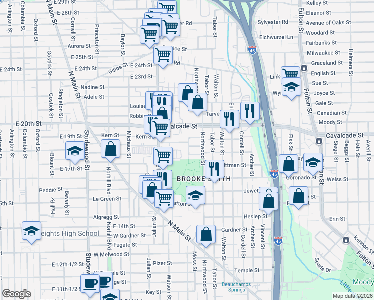 map of restaurants, bars, coffee shops, grocery stores, and more near 1220 Mathis Street in Houston