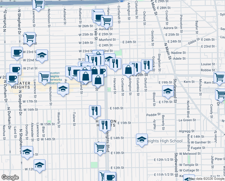map of restaurants, bars, coffee shops, grocery stores, and more near in Houston