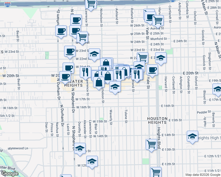 map of restaurants, bars, coffee shops, grocery stores, and more near 431 West 18th Street in Houston
