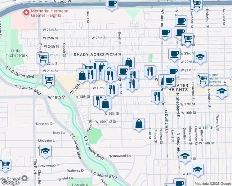 map of restaurants, bars, coffee shops, grocery stores, and more near 1035 West 18th Street in Houston
