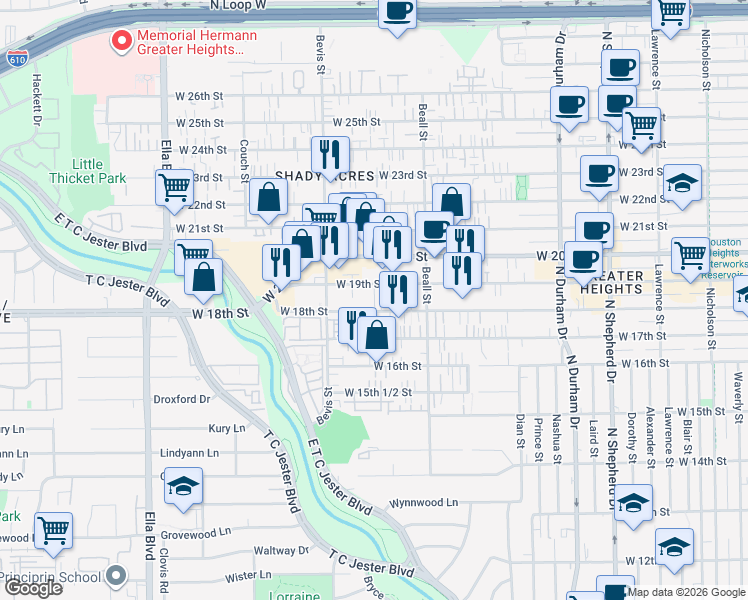 map of restaurants, bars, coffee shops, grocery stores, and more near 1220 West 19th Street in Houston