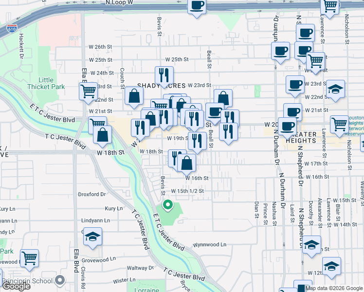 map of restaurants, bars, coffee shops, grocery stores, and more near 1220 West 19th Street in Houston