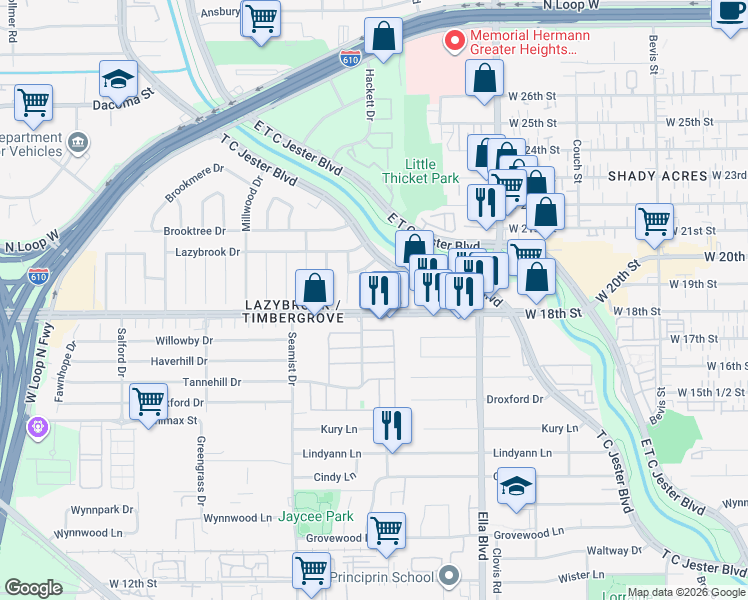 map of restaurants, bars, coffee shops, grocery stores, and more near 1806 Sea Queen Court in Houston