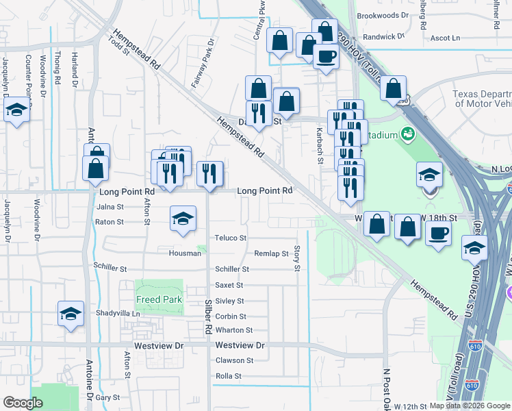 map of restaurants, bars, coffee shops, grocery stores, and more near 1718 Hafner Drive in Houston