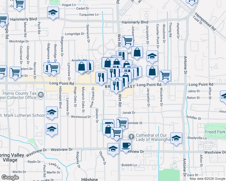 map of restaurants, bars, coffee shops, grocery stores, and more near 1726 French Village Drive in Houston
