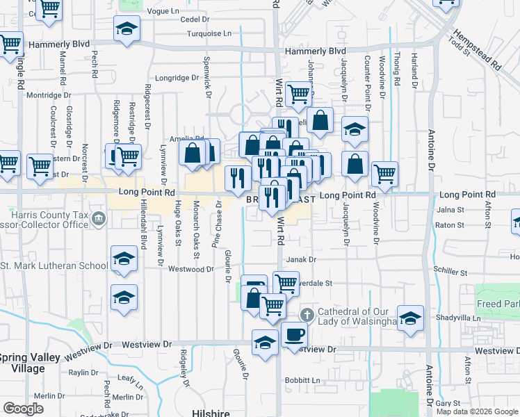 map of restaurants, bars, coffee shops, grocery stores, and more near 1726 French Village Drive in Houston