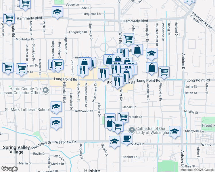 map of restaurants, bars, coffee shops, grocery stores, and more near 1737 French Village Drive in Houston
