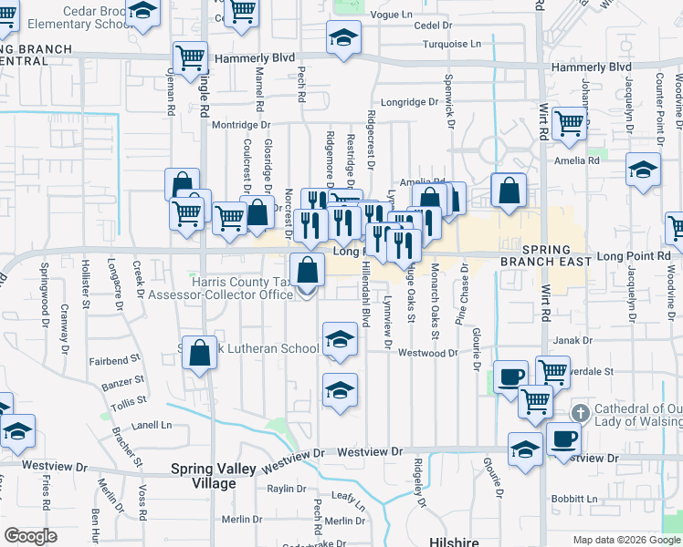 map of restaurants, bars, coffee shops, grocery stores, and more near 8327 Ginger Oak Street in Houston