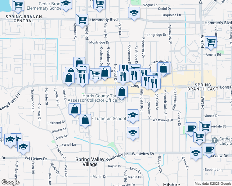 map of restaurants, bars, coffee shops, grocery stores, and more near 1751 Moritz Drive in Houston