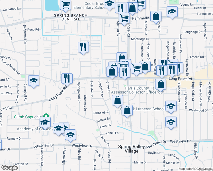 map of restaurants, bars, coffee shops, grocery stores, and more near 1722 Creek Drive in Houston