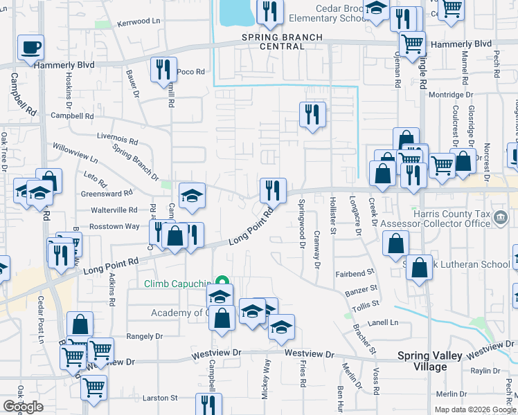 map of restaurants, bars, coffee shops, grocery stores, and more near 8941 Long Point Road in Houston