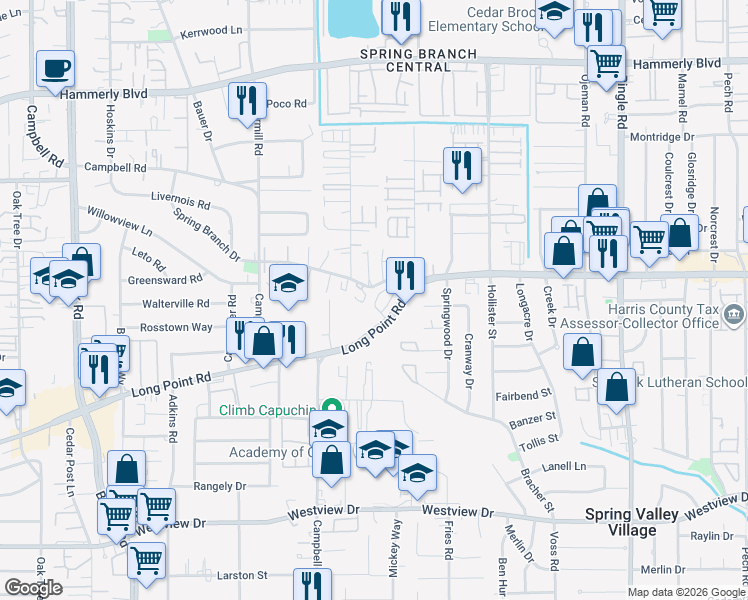 map of restaurants, bars, coffee shops, grocery stores, and more near 8941 Long Point Road in Houston