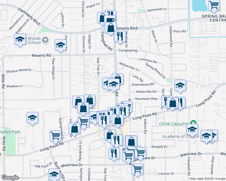 map of restaurants, bars, coffee shops, grocery stores, and more near 1639 Blalock Road in Houston