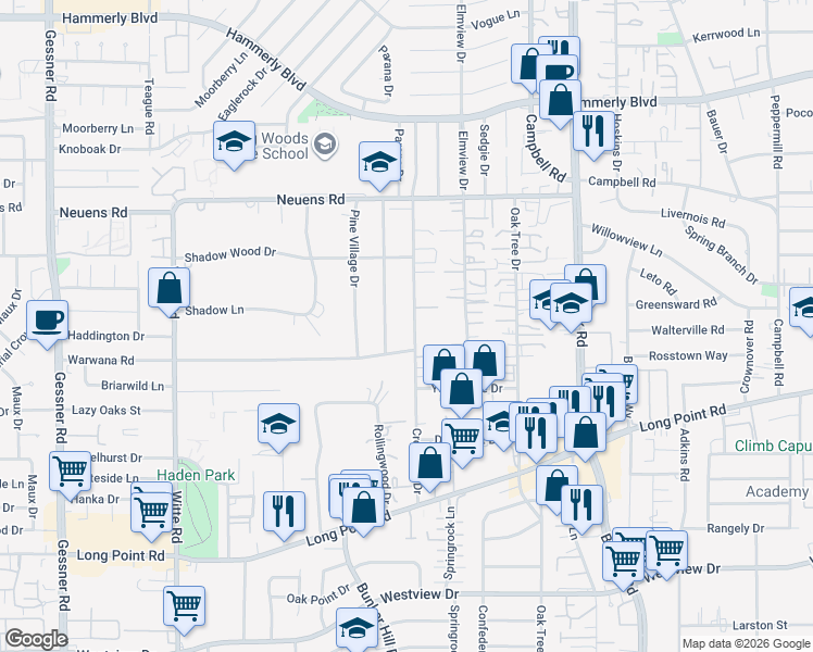 map of restaurants, bars, coffee shops, grocery stores, and more near 1700-1702 Crestdale Drive in Houston