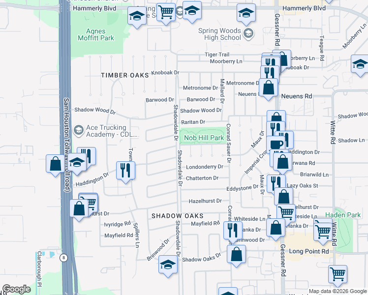map of restaurants, bars, coffee shops, grocery stores, and more near 1715 Springwell Drive in Houston
