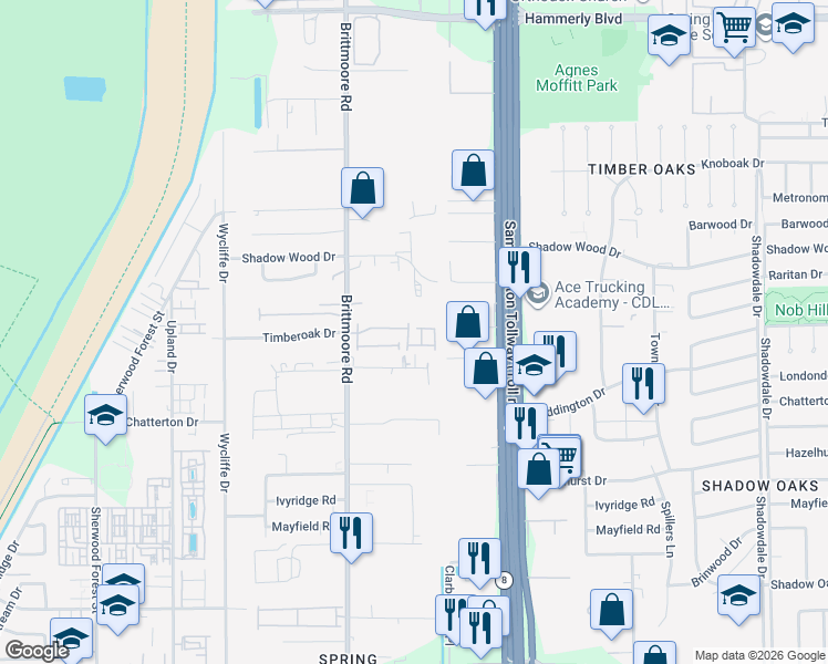 map of restaurants, bars, coffee shops, grocery stores, and more near 1950 Brittmoore Road in Houston