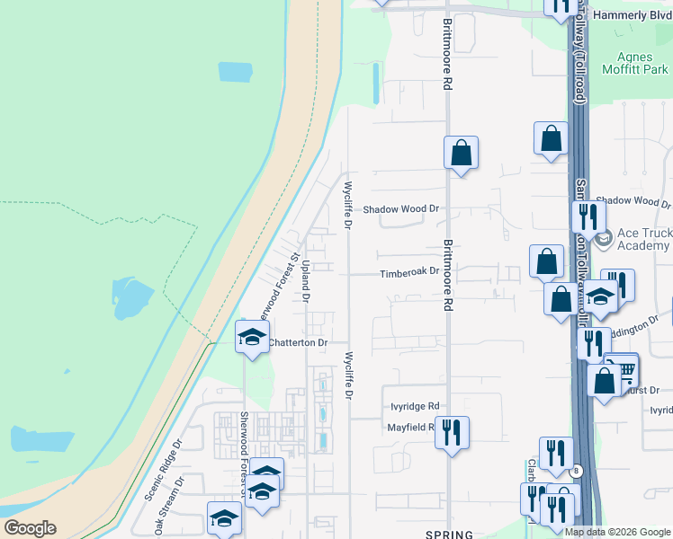 map of restaurants, bars, coffee shops, grocery stores, and more near 11005 Upland Forest Drive in Houston