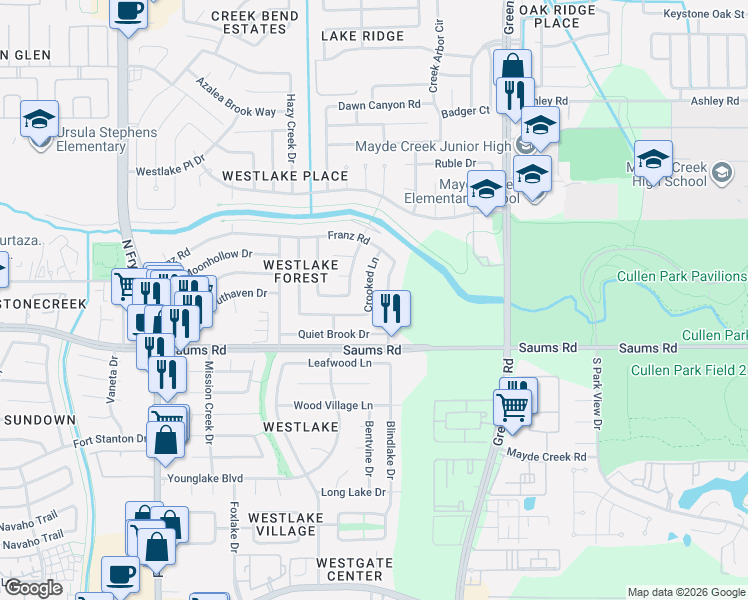 map of restaurants, bars, coffee shops, grocery stores, and more near 2338 Shady Brook Drive in Houston