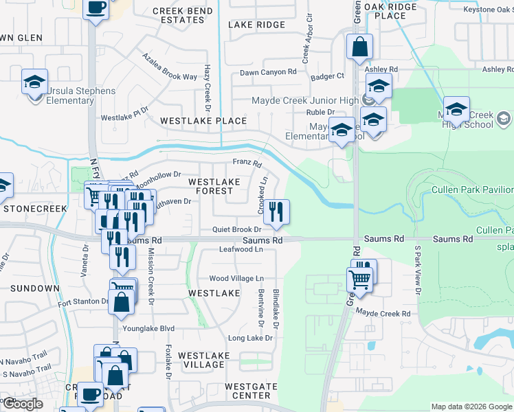 map of restaurants, bars, coffee shops, grocery stores, and more near 19403 Southaven Drive in Houston