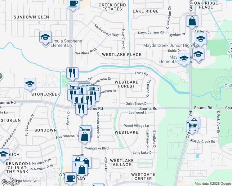 map of restaurants, bars, coffee shops, grocery stores, and more near 19623 Southaven Drive in Houston