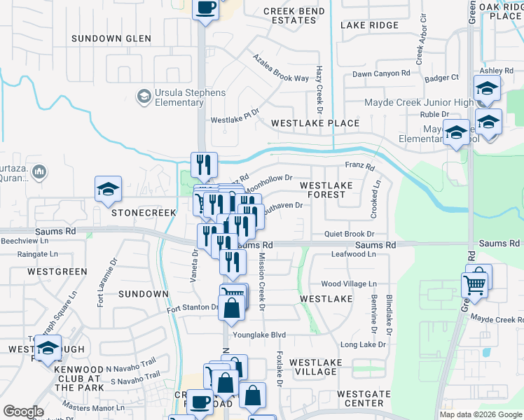 map of restaurants, bars, coffee shops, grocery stores, and more near 2314 Pepperweed Drive in Houston