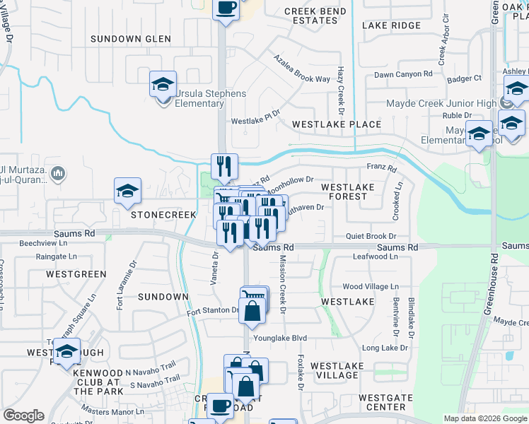 map of restaurants, bars, coffee shops, grocery stores, and more near 2415 Creek Meadow Drive in Houston