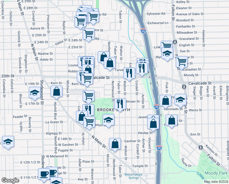 map of restaurants, bars, coffee shops, grocery stores, and more near 1201 Tabor Street in Houston