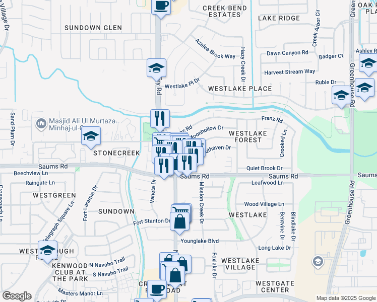map of restaurants, bars, coffee shops, grocery stores, and more near 2415 Creek Meadow Drive in Houston