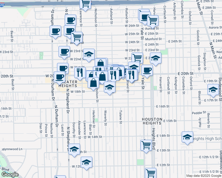 map of restaurants, bars, coffee shops, grocery stores, and more near 1801 Ashland Street in Houston
