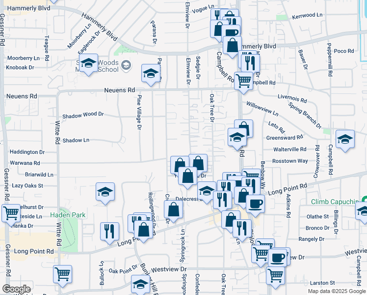map of restaurants, bars, coffee shops, grocery stores, and more near 1617 Elmview Drive in Houston