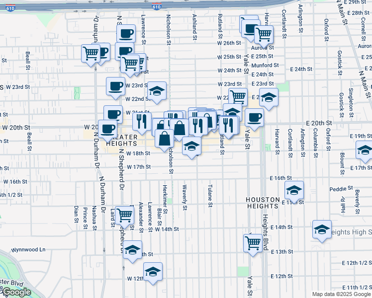 map of restaurants, bars, coffee shops, grocery stores, and more near 431 West 18th Street in Houston