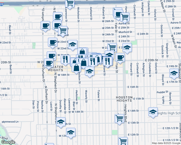 map of restaurants, bars, coffee shops, grocery stores, and more near 1801 Ashland Street in Houston