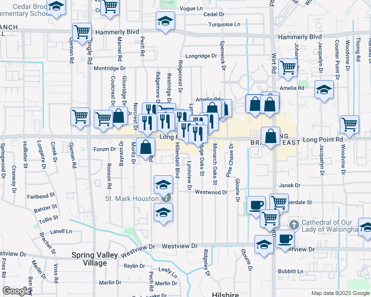 map of restaurants, bars, coffee shops, grocery stores, and more near 8217 Long Point Road in Houston