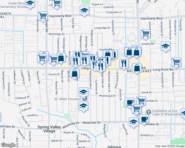 map of restaurants, bars, coffee shops, grocery stores, and more near 8217 Long Point Road in Houston