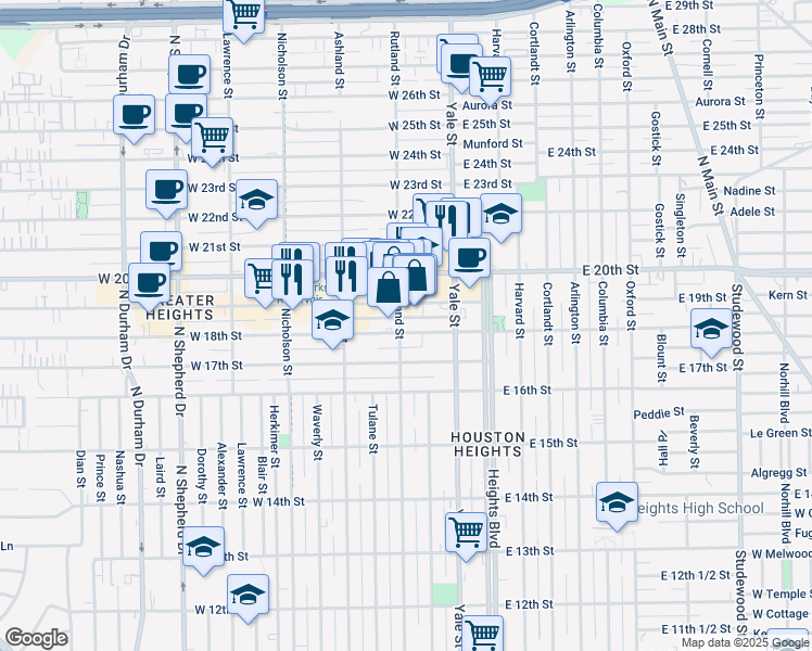 map of restaurants, bars, coffee shops, grocery stores, and more near 245 West 18th Street in Houston