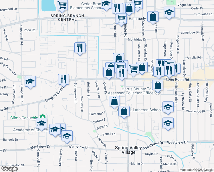 map of restaurants, bars, coffee shops, grocery stores, and more near 1722 Creek Drive in Houston