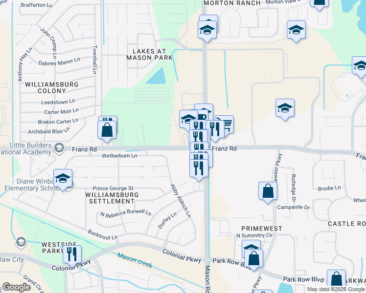 map of restaurants, bars, coffee shops, grocery stores, and more near 22000 Franz Road in Katy