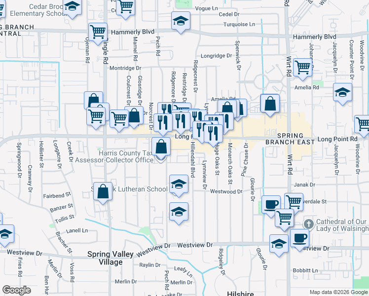 map of restaurants, bars, coffee shops, grocery stores, and more near 8327 Ginger Oak Street in Houston