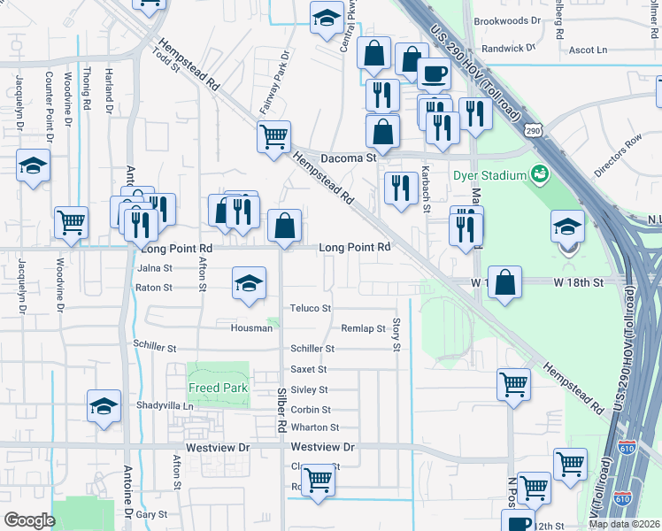 map of restaurants, bars, coffee shops, grocery stores, and more near 1704 Lindsey Ridge Drive in Houston