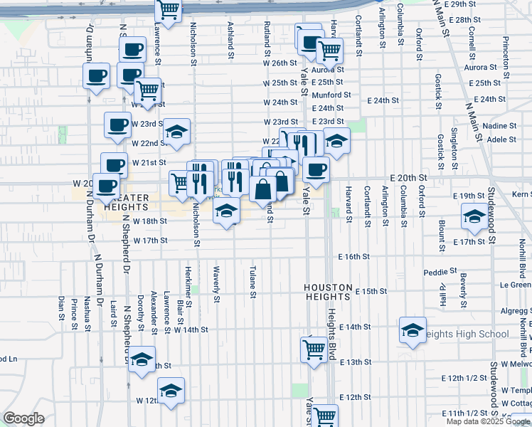 map of restaurants, bars, coffee shops, grocery stores, and more near 307 West 18th Street in Houston