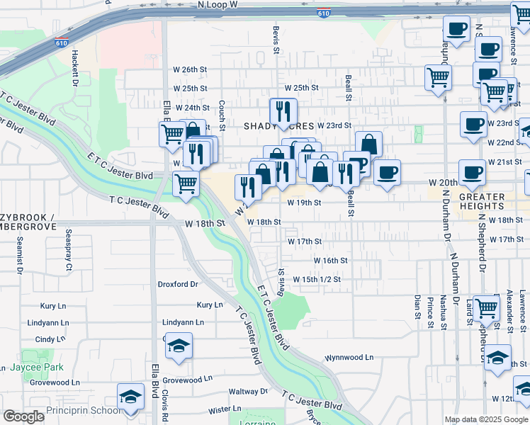 map of restaurants, bars, coffee shops, grocery stores, and more near 1300 West 19th Street in Houston