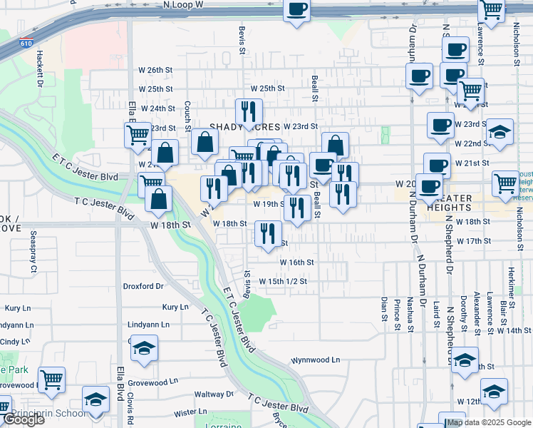 map of restaurants, bars, coffee shops, grocery stores, and more near 1220 W 19th St in Houston