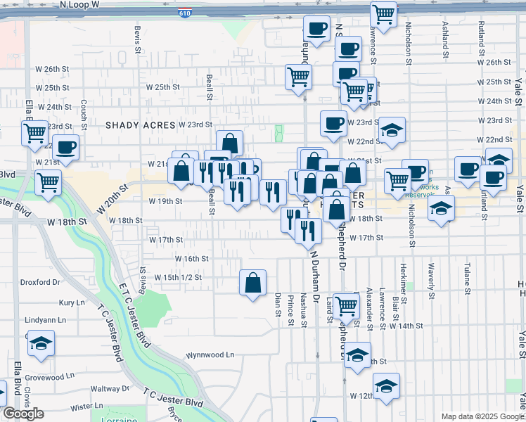 map of restaurants, bars, coffee shops, grocery stores, and more near 915 West 18th Street in Houston