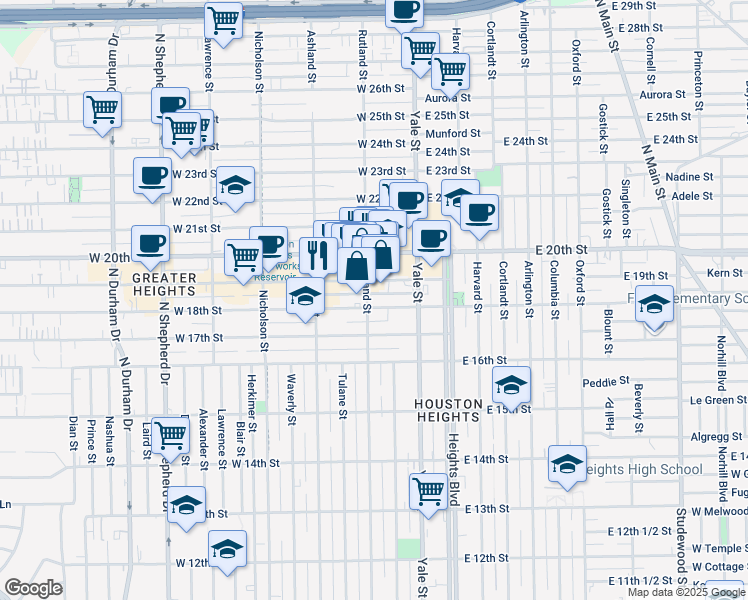 map of restaurants, bars, coffee shops, grocery stores, and more near 245 West 18th Street in Houston