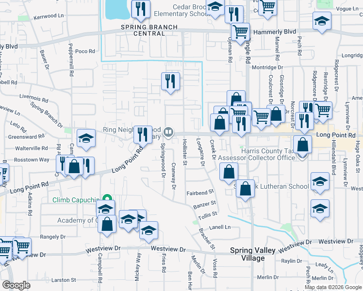 map of restaurants, bars, coffee shops, grocery stores, and more near 1733 Hollister St in Houston