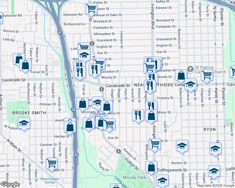 map of restaurants, bars, coffee shops, grocery stores, and more near 4604 Beggs Street in Houston
