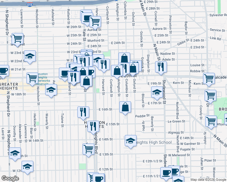 map of restaurants, bars, coffee shops, grocery stores, and more near 1802 Cortlandt Street in Houston